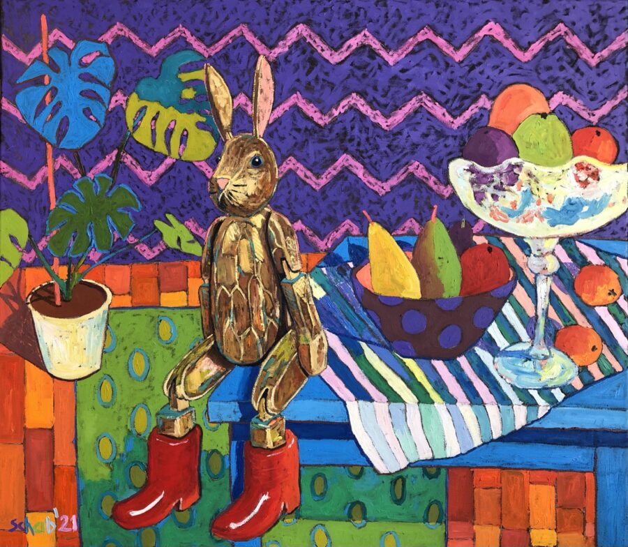 Obraz Martwa natura z drewnianym zającem, 2021 Martwa Natura Z Drewnianym Zajacem 70x80cm Olej Na Plotnie schab,david schab,malarstwo,olej,płótno,obraz na płótnie,malarstwo olejne elegancki obraz do salonu