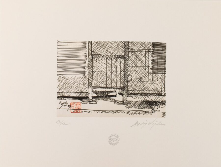 Obraz Fragment części tradycyjnie japońskiej w hotelu w Kioto, 1987 Fragment Czesci Tradycyjnie Japonskiej W Hotelu W Kioto pióro na papierze,Andrzej Wajda,rysunek,Kioto gdzie kupic obraz
