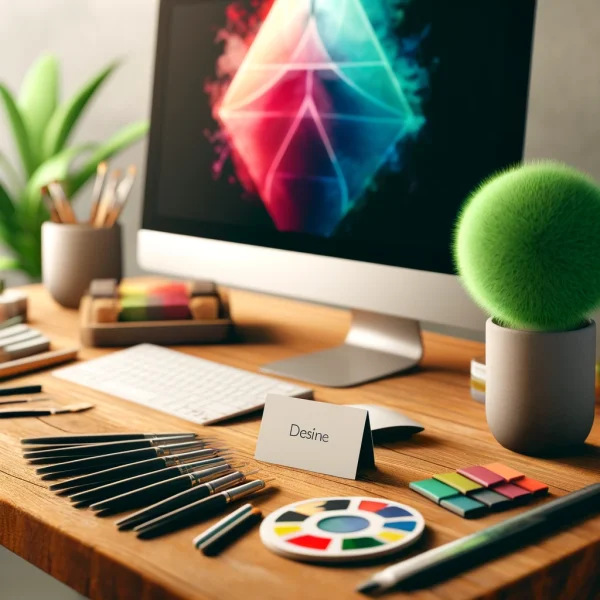 Poradnik dla Artystów: Networking; Jak Nawiązać Kontakty w Świecie Sztuki Dall·e 2024 04 18 13 36 22 A Modern Desk Setup Featuring A Sleek Computer In The Center Surrounded By Artistic Accessories The Desk Has A Scattering Of Paintbrushes A Small P  nawiązywanie kontaktów interpersonalnych