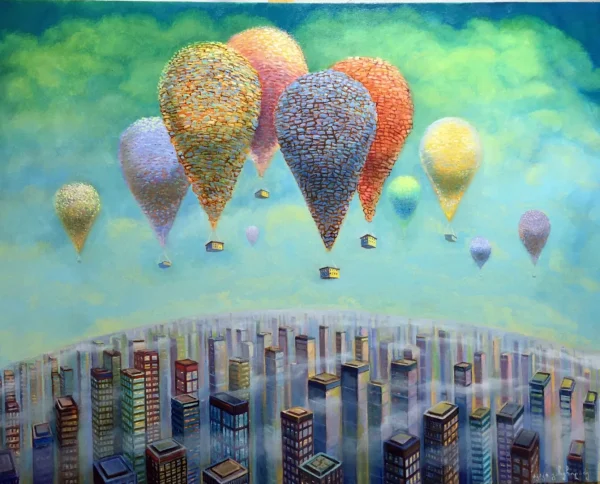 Magiczny realizm w malarstwie – gdy rzeczywistość przeplata się z magią Balony Nad Miastem 80x100 2021  olbiński obrazy